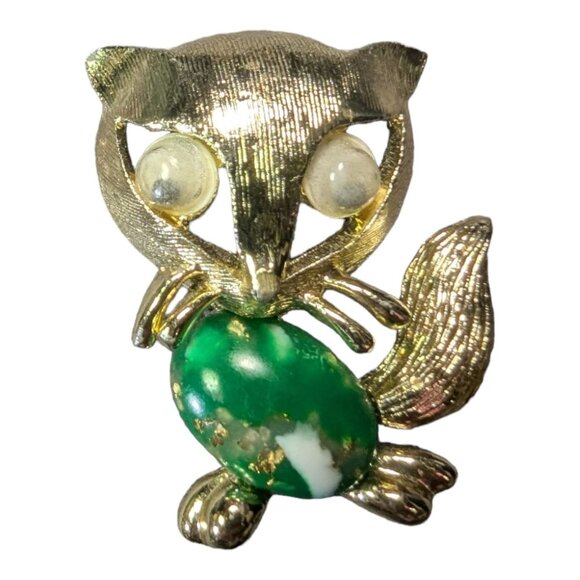Vintage Cat brooch green stone - googly eyes - pin - gold tone 1.25 inches - Picture 4 of 6